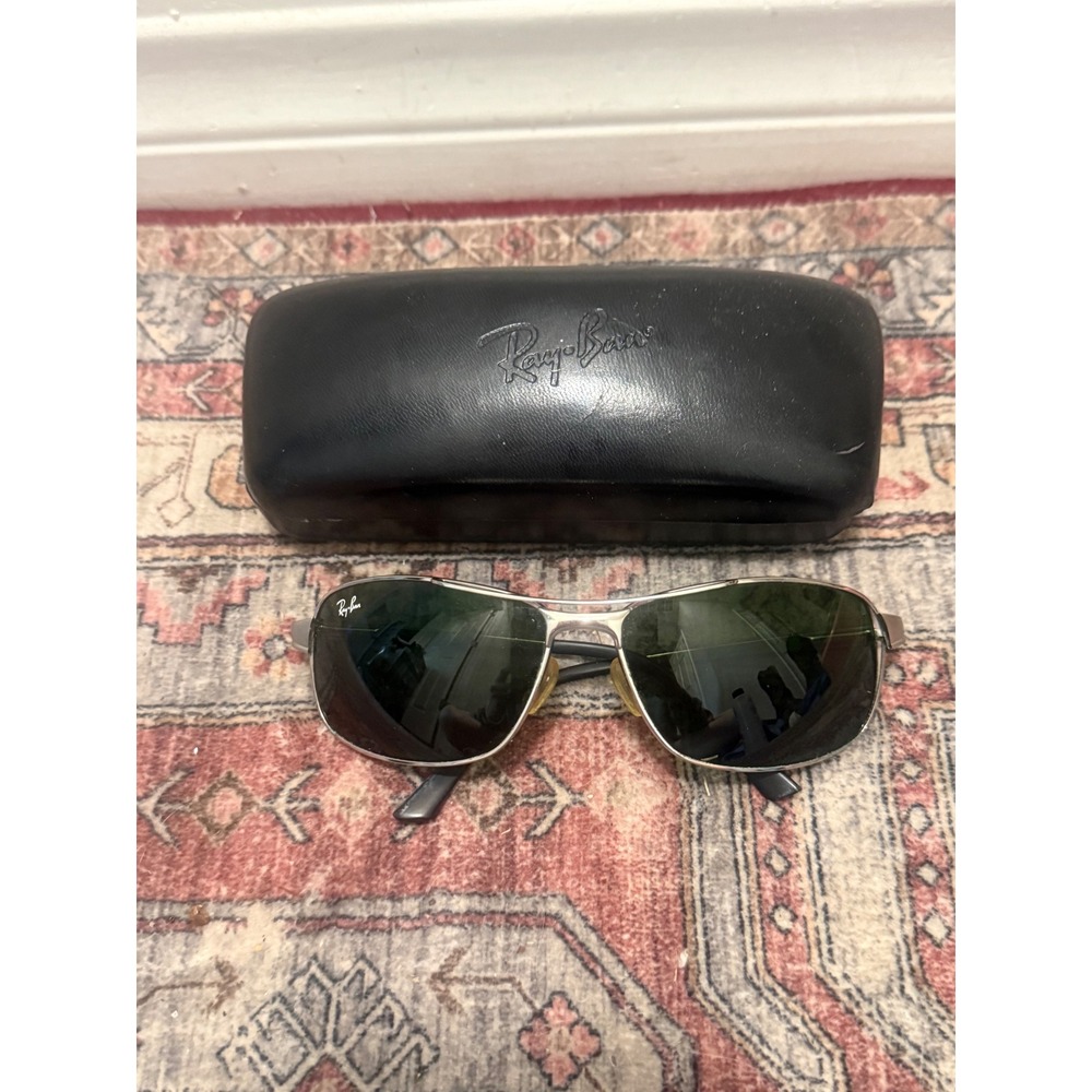 Ray-Ban RB 3317 Silver Metal Rectangular Aviator Sunglasses Green Lens 63-15-130